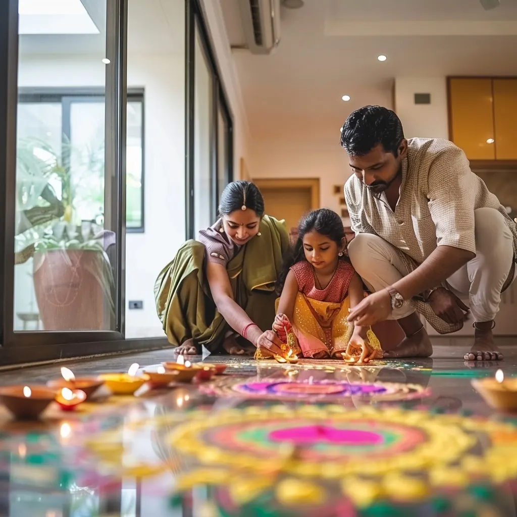 Family celebrating Diwali together, creating rangoli art