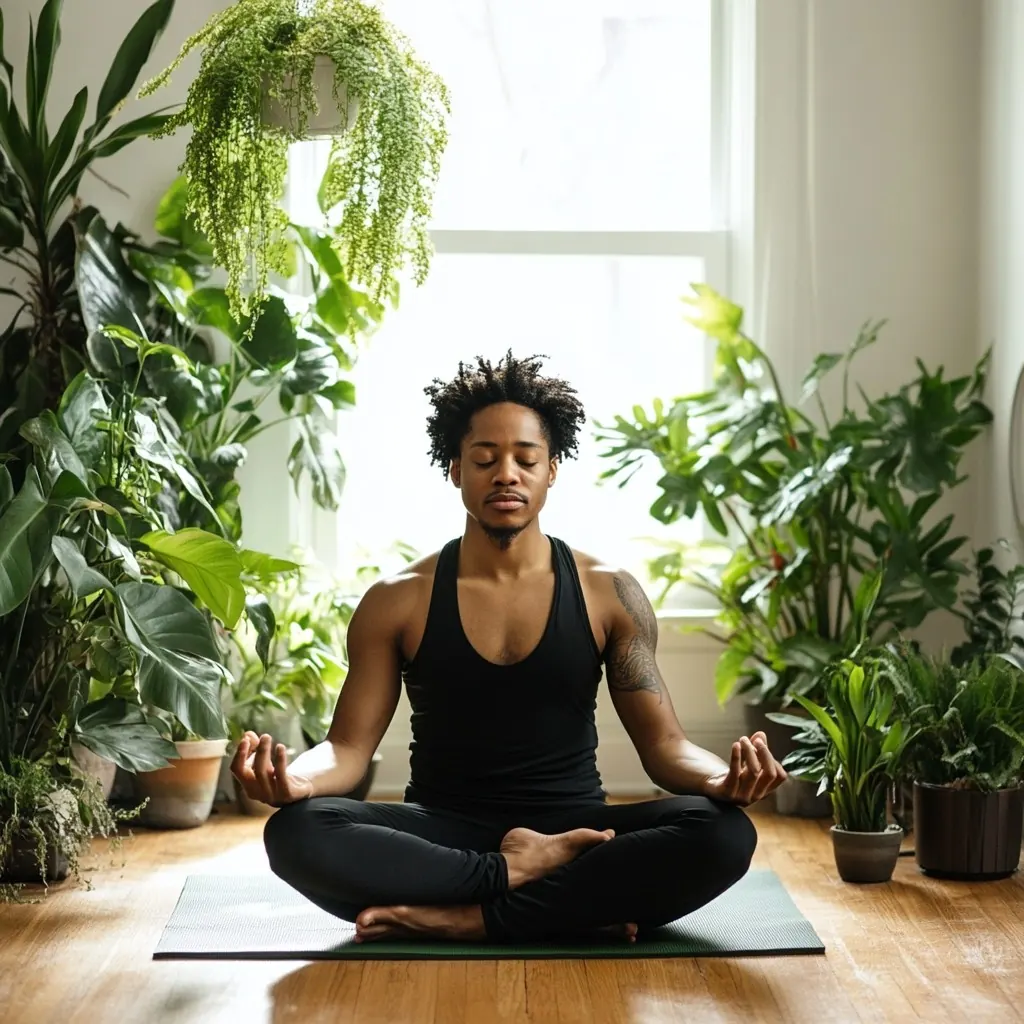 Person practicing meditation in a serene environment with natural light