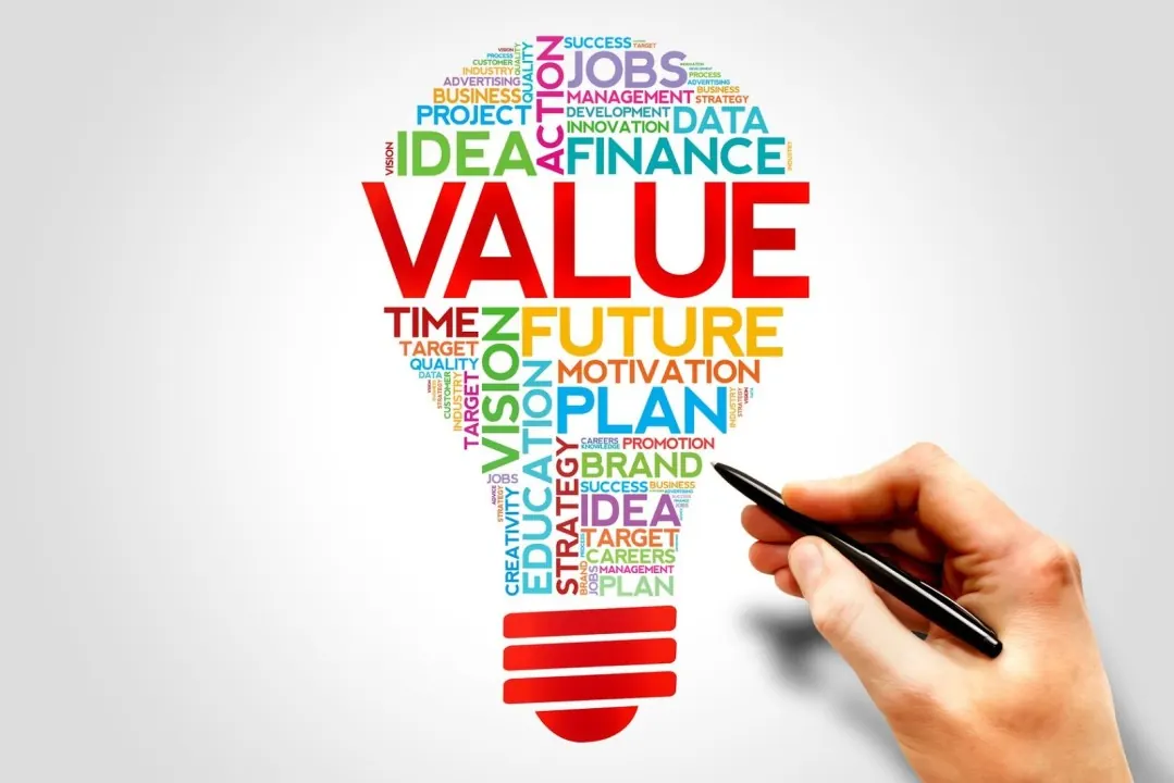 Value proposition illustration showing various business concepts in a light bulb shape